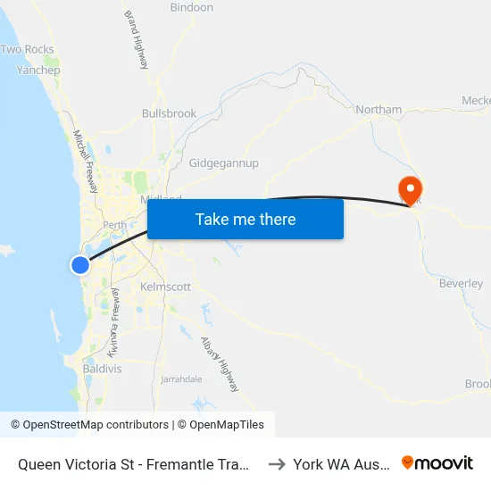Queen Victoria St - Fremantle Traffic Bridge to York WA Australia map