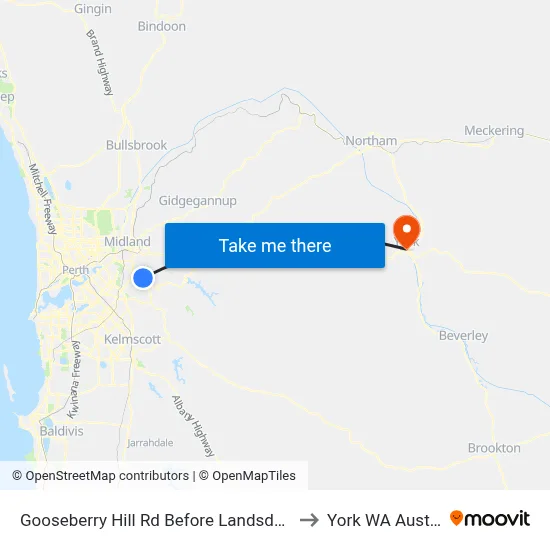 Gooseberry Hill Rd Before Landsdowne Rd to York WA Australia map