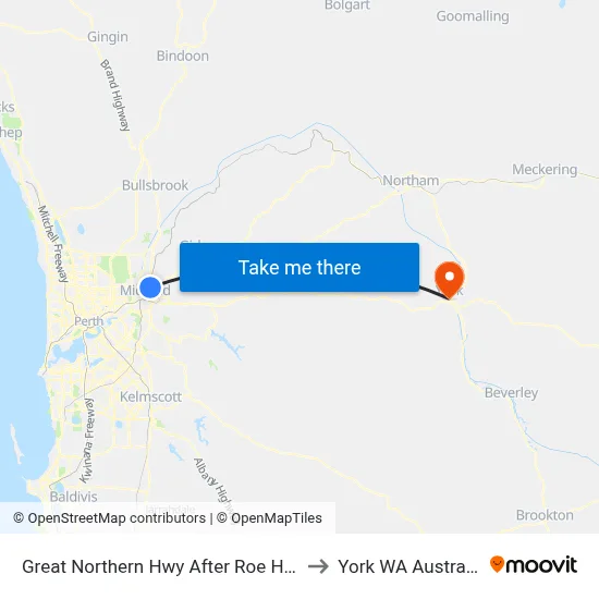 Great Northern Hwy After Roe Hwy to York WA Australia map