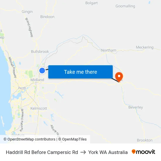Haddrill Rd Before Campersic Rd to York WA Australia map