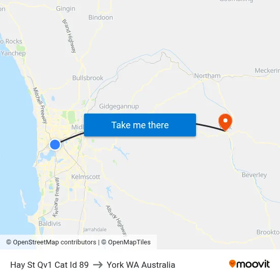 Hay St Qv1 Cat Id 89 to York WA Australia map