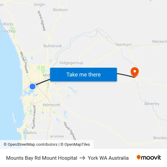 Mounts Bay Rd Mount Hospital to York WA Australia map