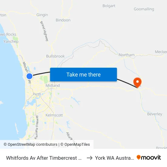 Whitfords Av After Timbercrest Rise to York WA Australia map