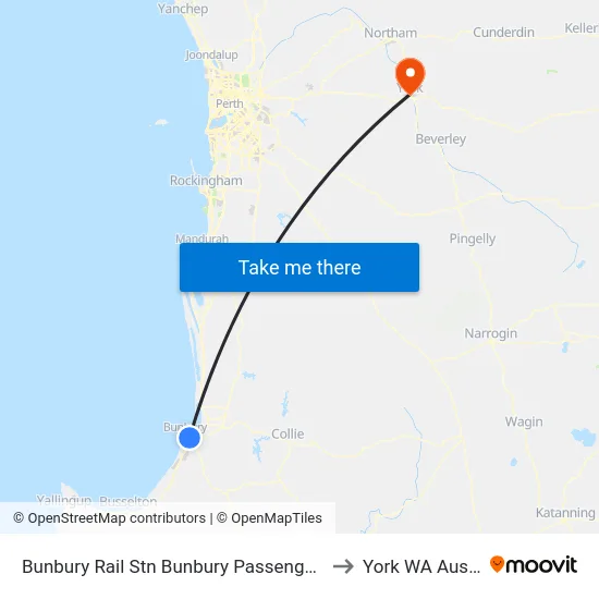 Bunbury Rail Stn Bunbury Passenger Terminal to York WA Australia map