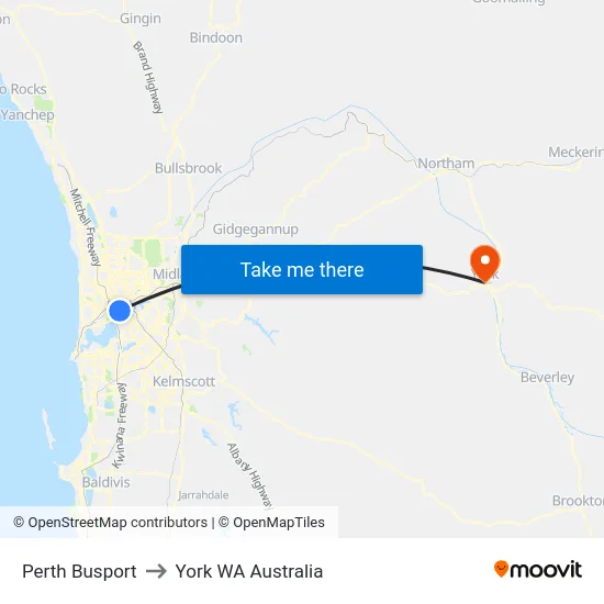 Perth Busport to York WA Australia map