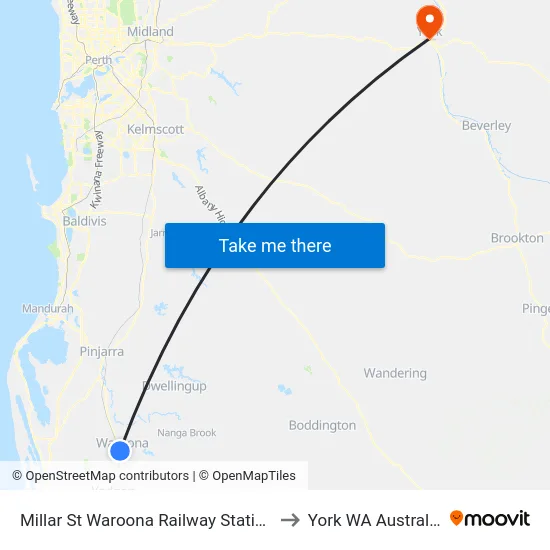 Millar St Waroona Railway Station to York WA Australia map