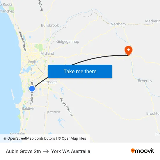 Aubin Grove Stn to York WA Australia map