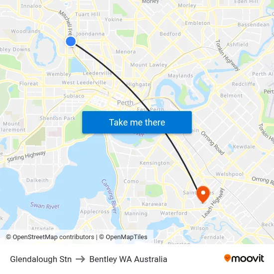 Glendalough Stn to Bentley WA Australia map