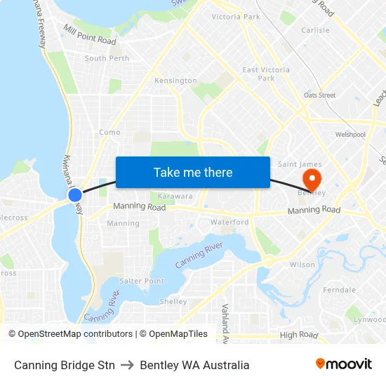 Canning Bridge Stn to Bentley WA Australia map