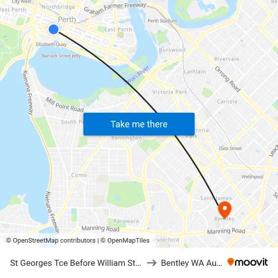 St Georges Tce Before William St Eastbound to Bentley WA Australia map