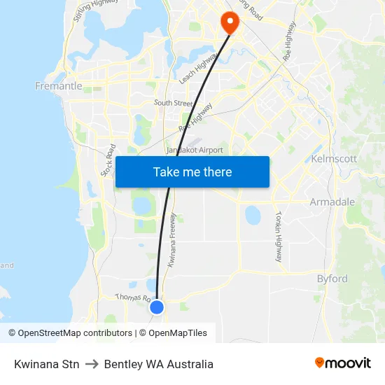 Kwinana Stn to Bentley WA Australia map