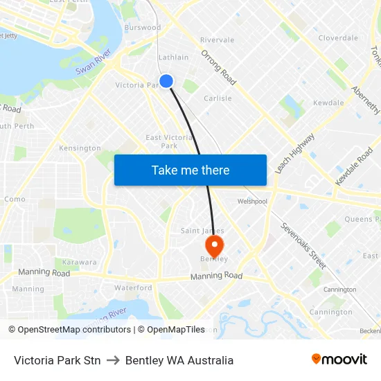 Victoria Park Stn to Bentley WA Australia map