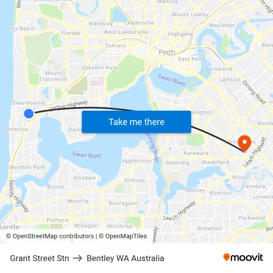 Grant Street Stn to Bentley WA Australia map