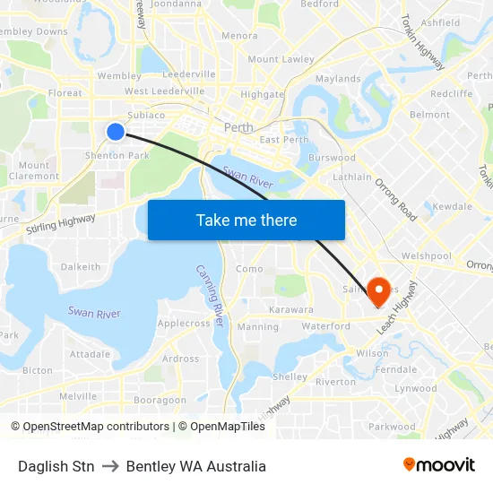 Daglish Stn to Bentley WA Australia map