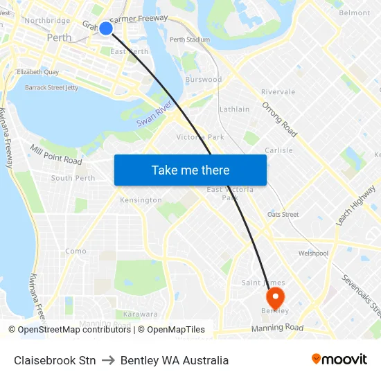 Claisebrook Stn to Bentley WA Australia map