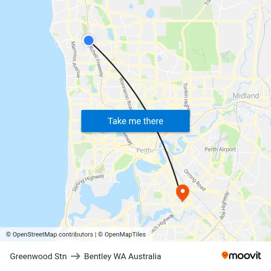 Greenwood Stn to Bentley WA Australia map