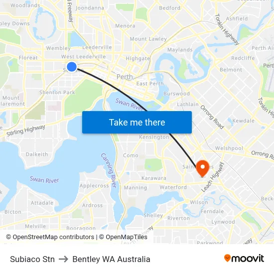 Subiaco Stn to Bentley WA Australia map