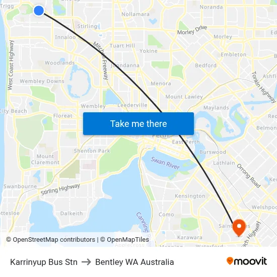 Karrinyup Bus Stn to Bentley WA Australia map