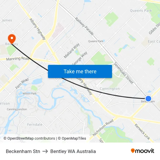 Beckenham Stn to Bentley WA Australia map