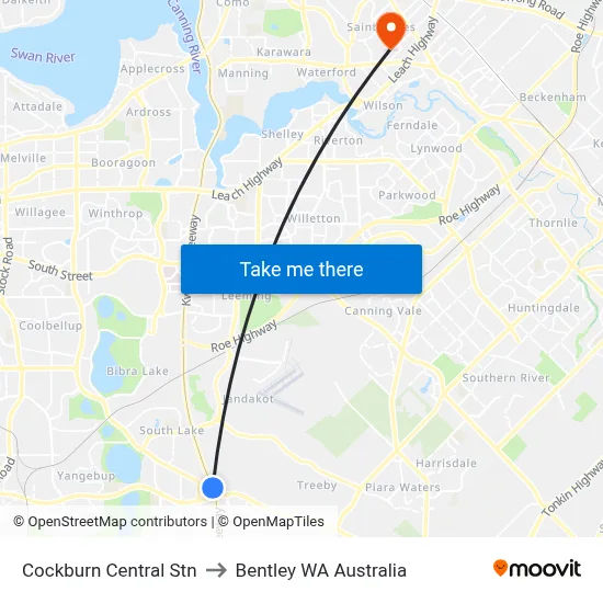 Cockburn Central Stn to Bentley WA Australia map