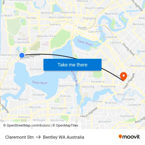 Claremont Stn to Bentley WA Australia map