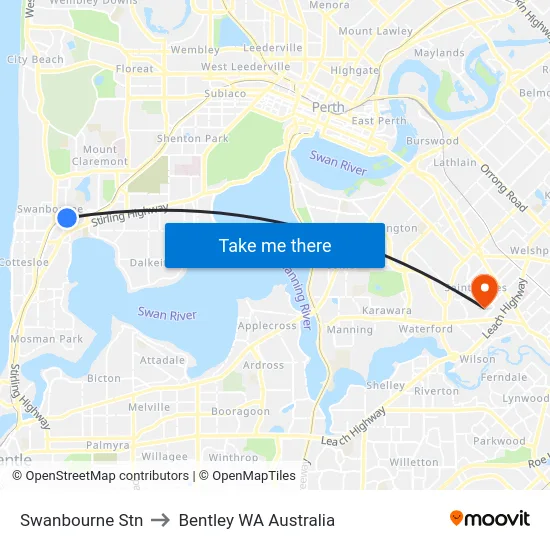 Swanbourne Stn to Bentley WA Australia map
