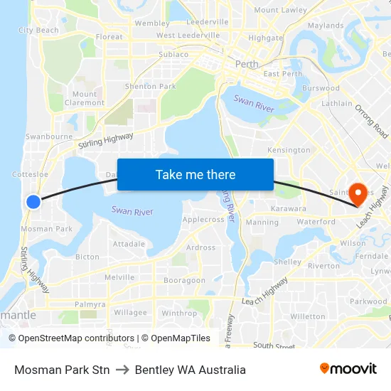 Mosman Park Stn to Bentley WA Australia map