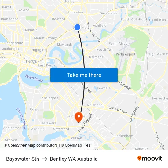 Bayswater Stn to Bentley WA Australia map