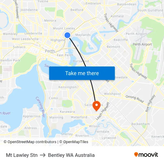Mt Lawley Stn to Bentley WA Australia map