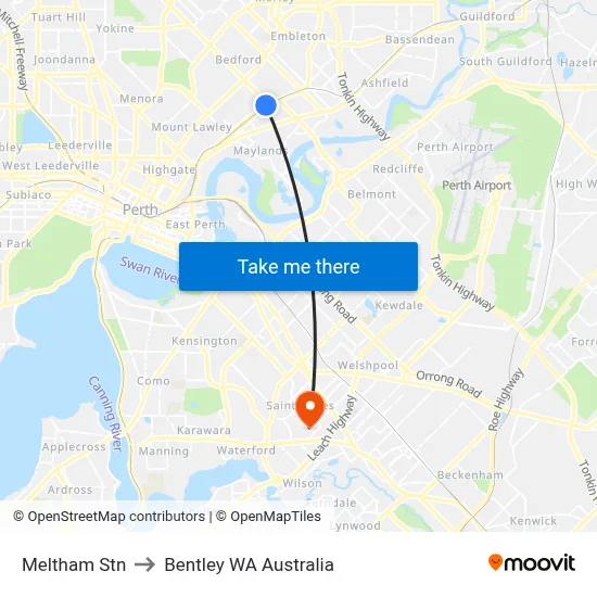 Meltham Stn to Bentley WA Australia map