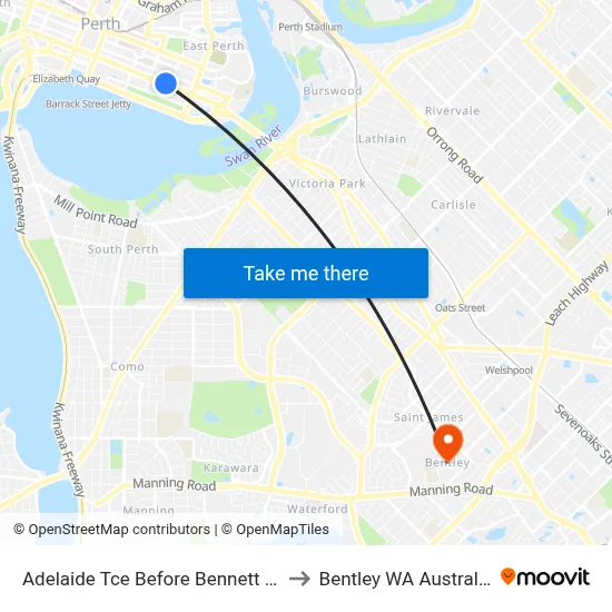 Adelaide Tce Before Bennett St to Bentley WA Australia map
