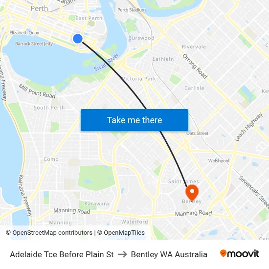 Adelaide Tce Before Plain St to Bentley WA Australia map
