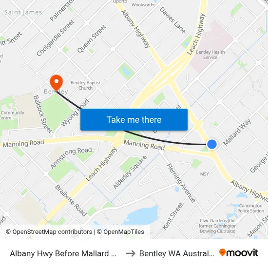 Albany Hwy Before Mallard Wy to Bentley WA Australia map