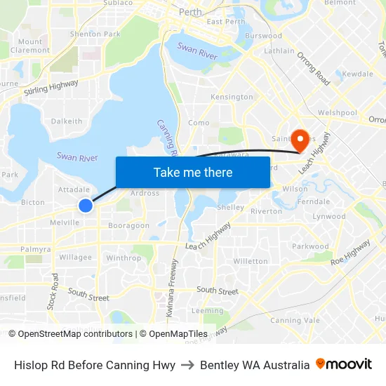 Hislop Rd Before Canning Hwy to Bentley WA Australia map