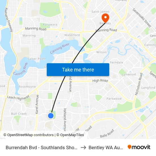 Burrendah Bvd - Southlands Shopping Ctr to Bentley WA Australia map