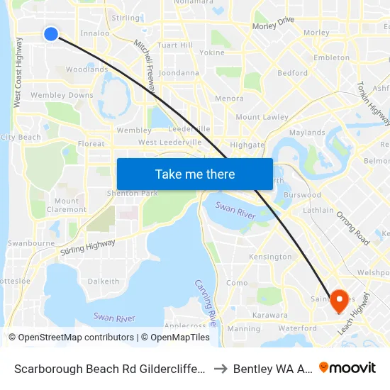 Scarborough Beach Rd Gildercliffe Street Cat Id 14 to Bentley WA Australia map