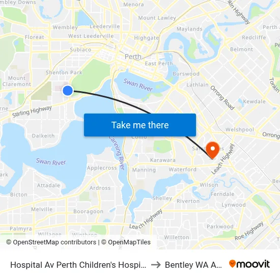 Hospital Av Perth Children's Hospital Cat Id 132 to Bentley WA Australia map