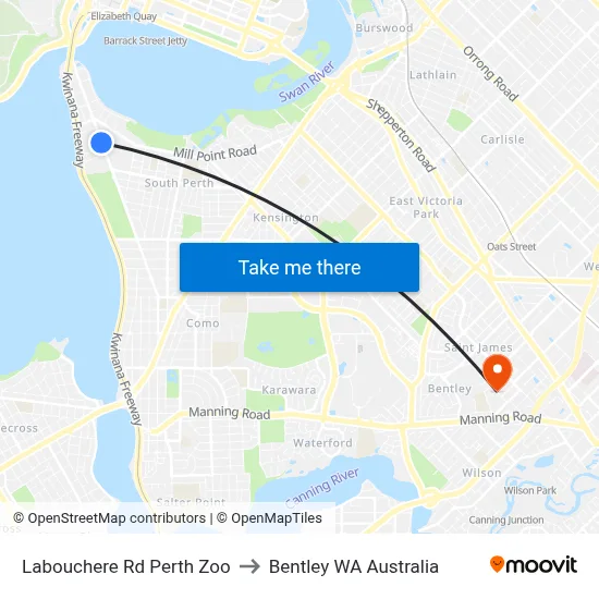 Labouchere Rd Perth Zoo to Bentley WA Australia map