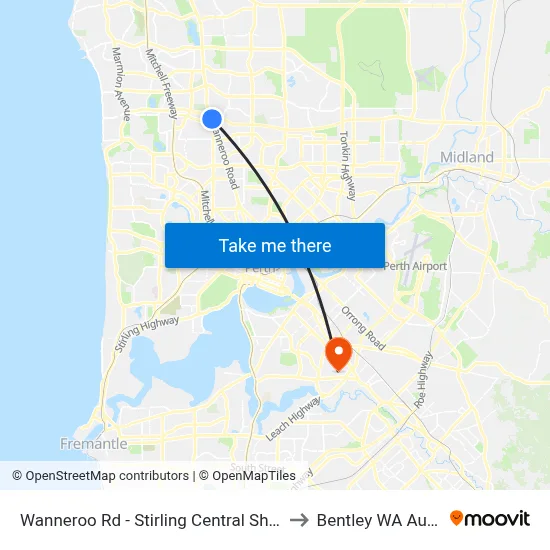 Wanneroo Rd - Stirling Central Shopping Ctr to Bentley WA Australia map