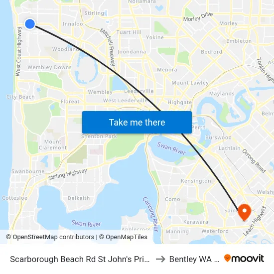 Scarborough Beach Rd St John's Primary School Cat Id 23 to Bentley WA Australia map