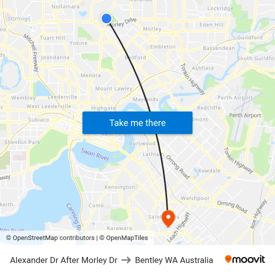Alexander Dr After Morley Dr to Bentley WA Australia map