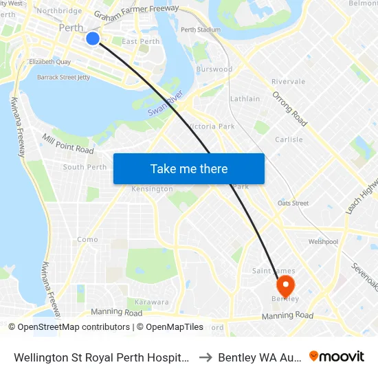 Wellington St Royal Perth Hospital Cat Id 69 to Bentley WA Australia map