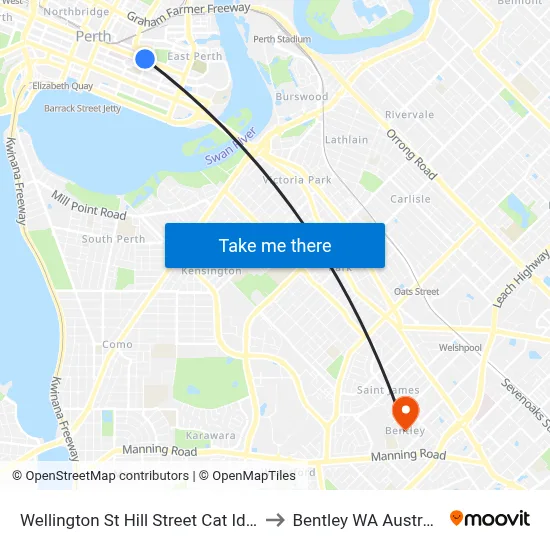 Wellington St Hill Street Cat Id 70 to Bentley WA Australia map