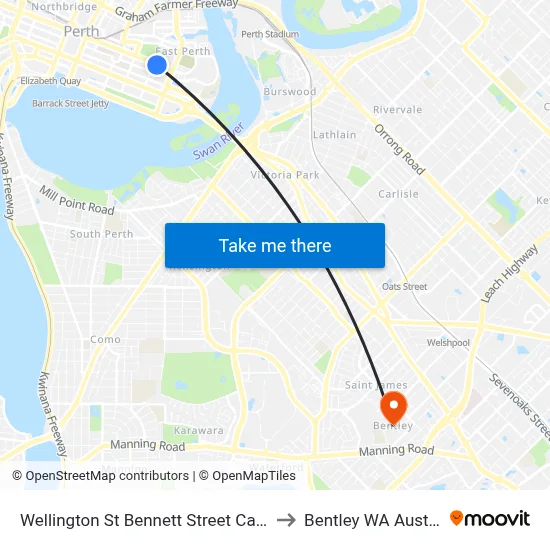 Wellington St Bennett Street Cat Id 53 to Bentley WA Australia map