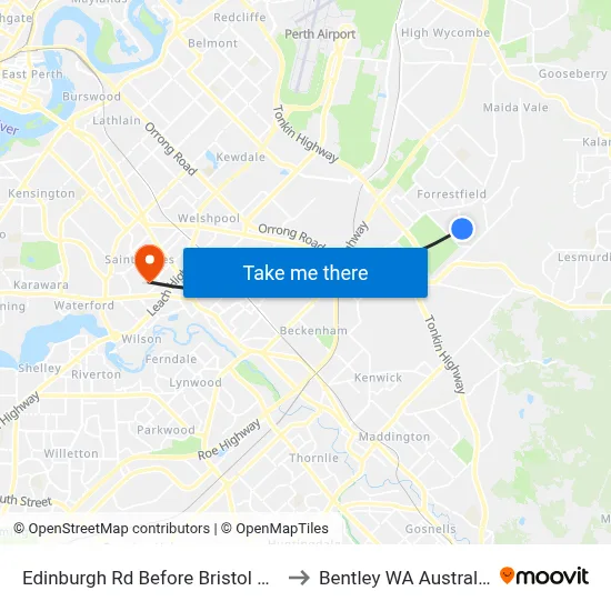 Edinburgh Rd Before Bristol Wy to Bentley WA Australia map