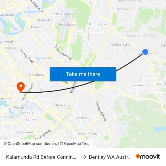Kalamunda Rd Before Canning Rd to Bentley WA Australia map