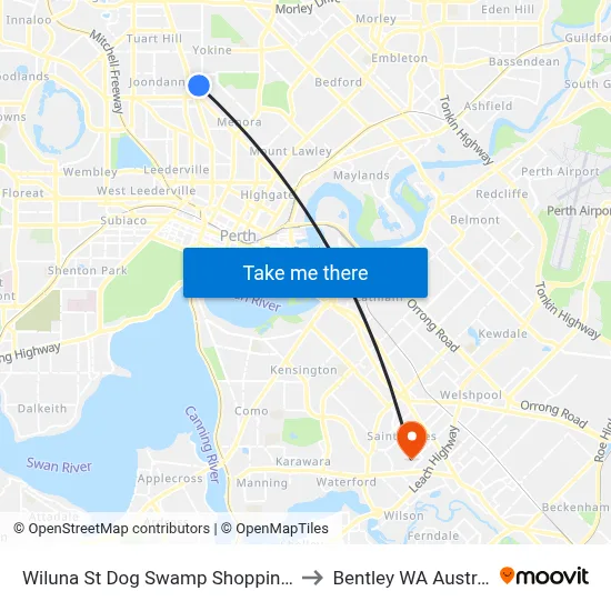 Wiluna St Dog Swamp Shopping Ctr to Bentley WA Australia map