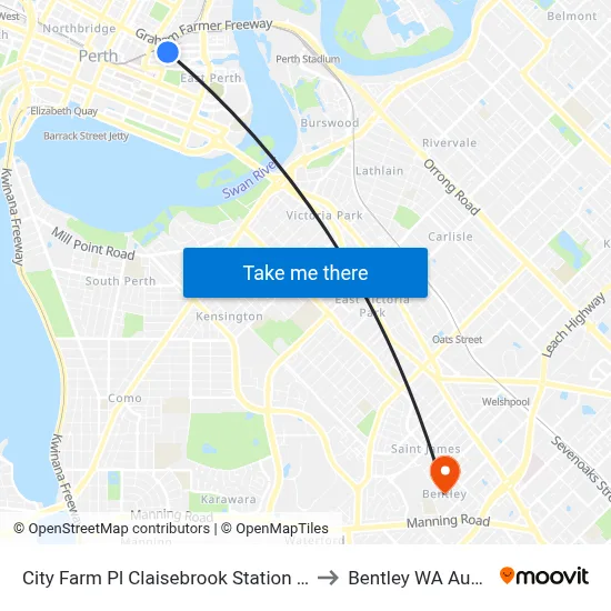 City Farm Pl Claisebrook Station Cat Id 45 to Bentley WA Australia map