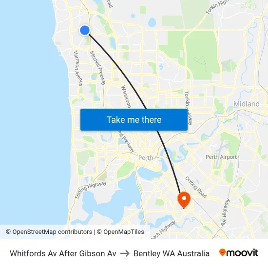 Whitfords Av After Gibson Av to Bentley WA Australia map