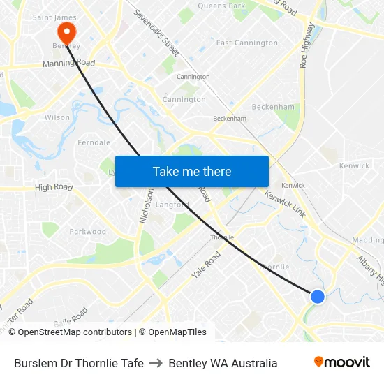 Burslem Dr Thornlie Tafe to Bentley WA Australia map